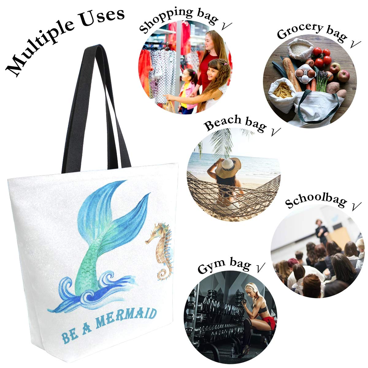 Naanle Be A Mermaid Canvas Tote Bag Large Women Casual Shoulder Bag Handbag, Mermaid Seahorse Reusable Multipurpose Heavy Duty S